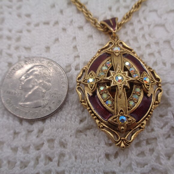 Vatican Library Enamel Cross Locket Pendant Necklace AB Rhinestones - Picture 3 of 7